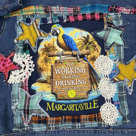 Upcycled Denim Jacket Womens 3X Margaritaville Grunge Patchwork Folk Art Boho - Picture 7 of 15